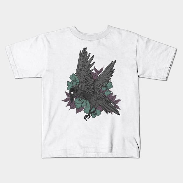 Crow and flowers Kids T-Shirt by Jess Adams